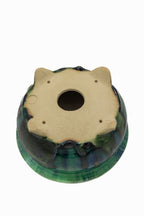 Small Round Oribe Green Japanese Bonsai Pot #767 – Bushuan Kiln, Chop and Nail Signed, Pronged Feet, Heavy Drip Glaze, Hand Formed with Foo-Dog Carving