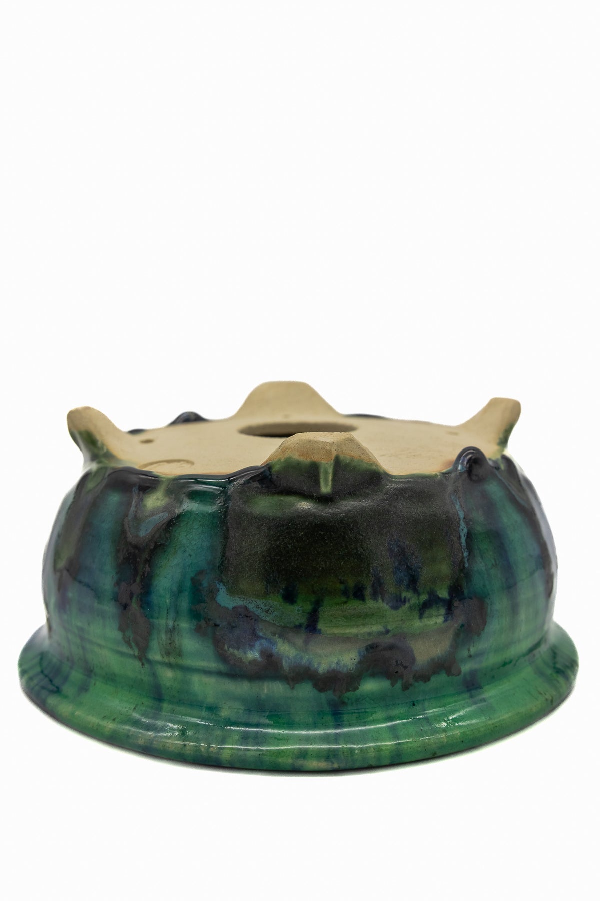 Small Round Oribe Green Japanese Bonsai Pot #767 – Bushuan Kiln, Chop and Nail Signed, Pronged Feet, Heavy Drip Glaze, Hand Formed with Foo-Dog Carving