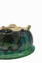 Small Round Oribe Green Japanese Bonsai Pot #767 – Bushuan Kiln, Chop and Nail Signed, Pronged Feet, Heavy Drip Glaze, Hand Formed with Foo-Dog Carving