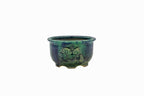 Small Round Oribe Green Japanese Bonsai Pot #767 – Bushuan Kiln, Chop and Nail Signed, Pronged Feet, Heavy Drip Glaze, Hand Formed with Foo-Dog Carving