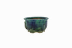 Small Round Oribe Green Japanese Bonsai Pot #767 – Bushuan Kiln, Chop and Nail Signed, Pronged Feet, Heavy Drip Glaze, Hand Formed with Foo-Dog Carving