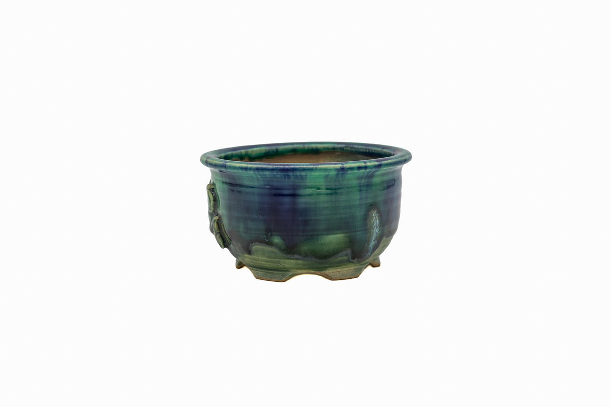 Small Round Oribe Green Japanese Bonsai Pot #767 – Bushuan Kiln, Chop and Nail Signed, Pronged Feet, Heavy Drip Glaze, Hand Formed with Foo-Dog Carving