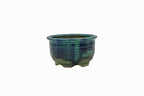 Small Round Oribe Green Japanese Bonsai Pot #767 – Bushuan Kiln, Chop and Nail Signed, Pronged Feet, Heavy Drip Glaze, Hand Formed with Foo-Dog Carving