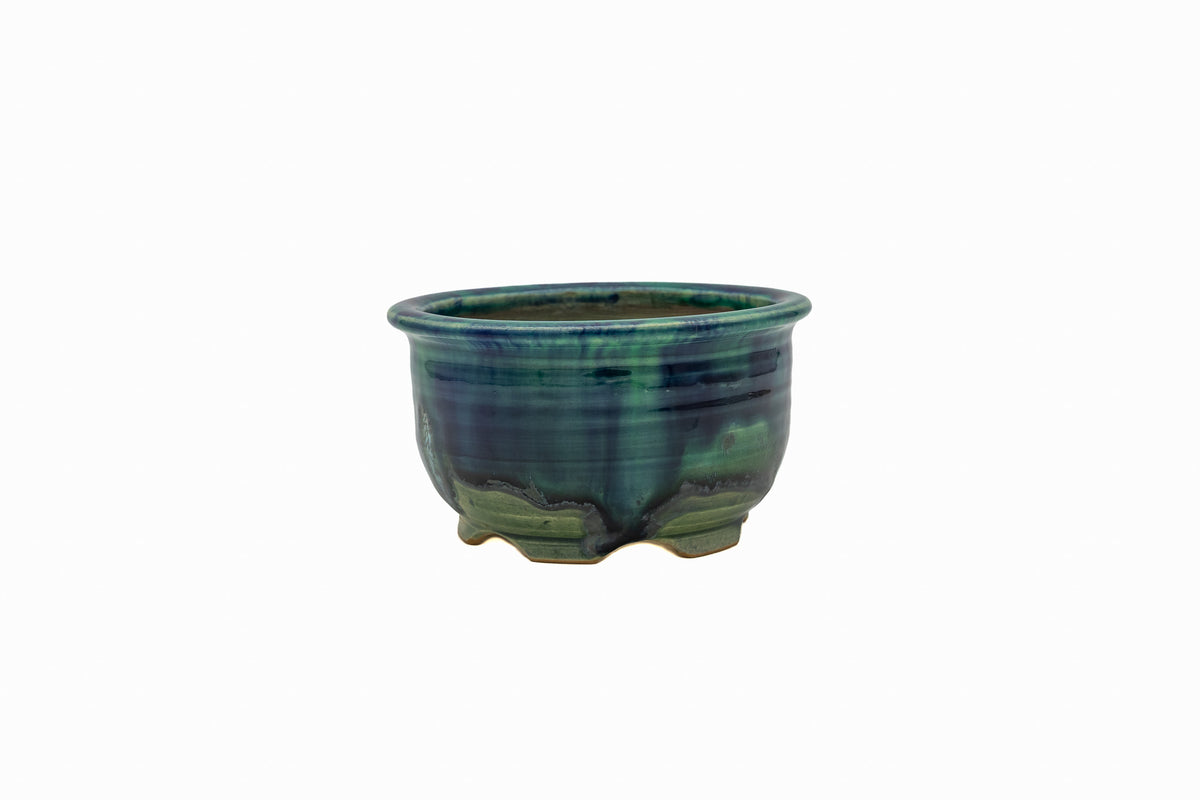 Small Round Oribe Green Japanese Bonsai Pot #767 – Bushuan Kiln, Chop and Nail Signed, Pronged Feet, Heavy Drip Glaze, Hand Formed with Foo-Dog Carving