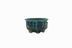 Small Round Oribe Green Japanese Bonsai Pot #767 – Bushuan Kiln, Chop and Nail Signed, Pronged Feet, Heavy Drip Glaze, Hand Formed with Foo-Dog Carving