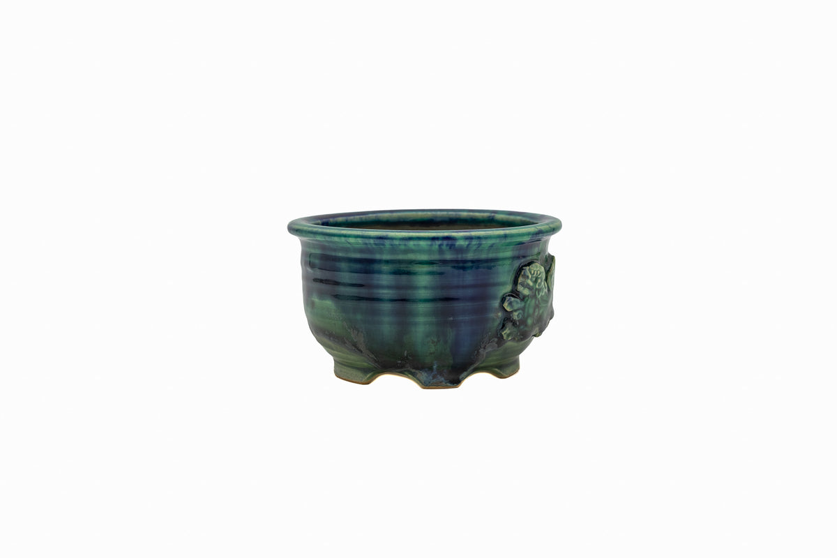 Small Round Oribe Green Japanese Bonsai Pot #767 – Bushuan Kiln, Chop and Nail Signed, Pronged Feet, Heavy Drip Glaze, Hand Formed with Foo-Dog Carving