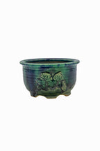 Small Round Oribe Green Japanese Bonsai Pot #767 – Bushuan Kiln, Chop and Nail Signed, Pronged Feet, Heavy Drip Glaze, Hand Formed with Foo-Dog Carving