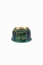 Small Round Oribe Green Japanese Bonsai Pot #767 – Bushuan Kiln, Chop and Nail Signed, Pronged Feet, Heavy Drip Glaze, Hand Formed with Foo-Dog Carving