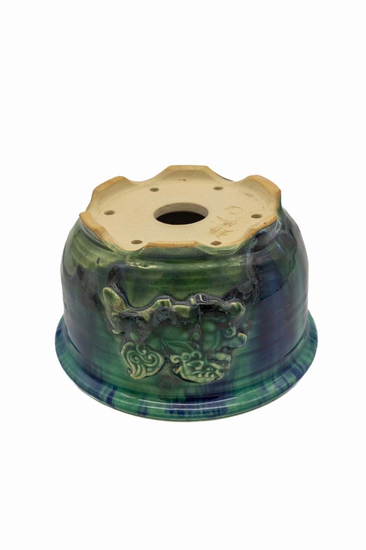 Small Round Oribe Green Japanese Bonsai Pot #767 – Bushuan Kiln, Chop and Nail Signed, Pronged Feet, Heavy Drip Glaze, Hand Formed with Foo-Dog Carving