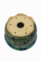 Small Round Oribe Green Japanese Bonsai Pot #767 – Bushuan Kiln, Chop and Nail Signed, Pronged Feet, Heavy Drip Glaze, Hand Formed with Foo-Dog Carving