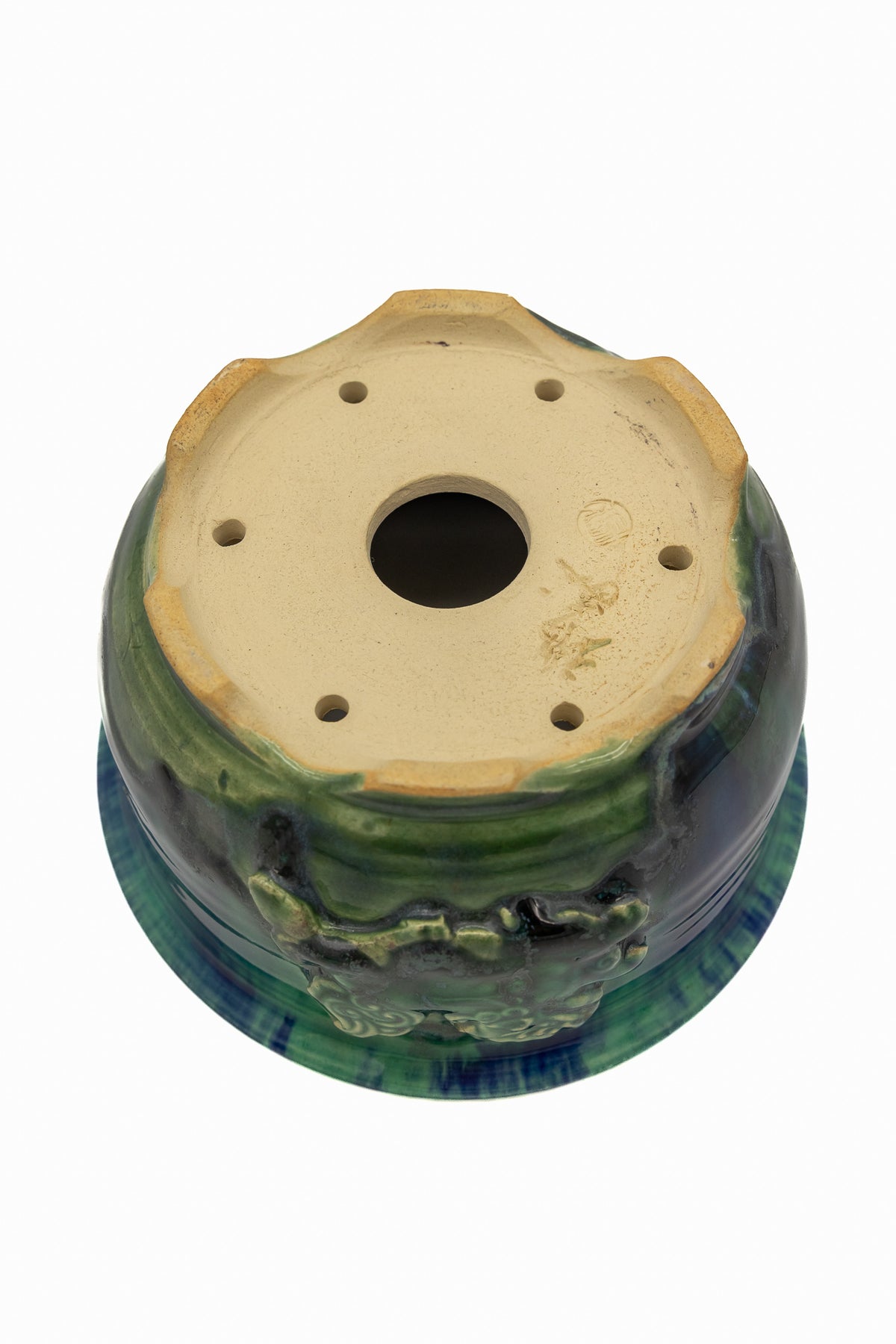 Small Round Oribe Green Japanese Bonsai Pot #767 – Bushuan Kiln, Chop and Nail Signed, Pronged Feet, Heavy Drip Glaze, Hand Formed with Foo-Dog Carving
