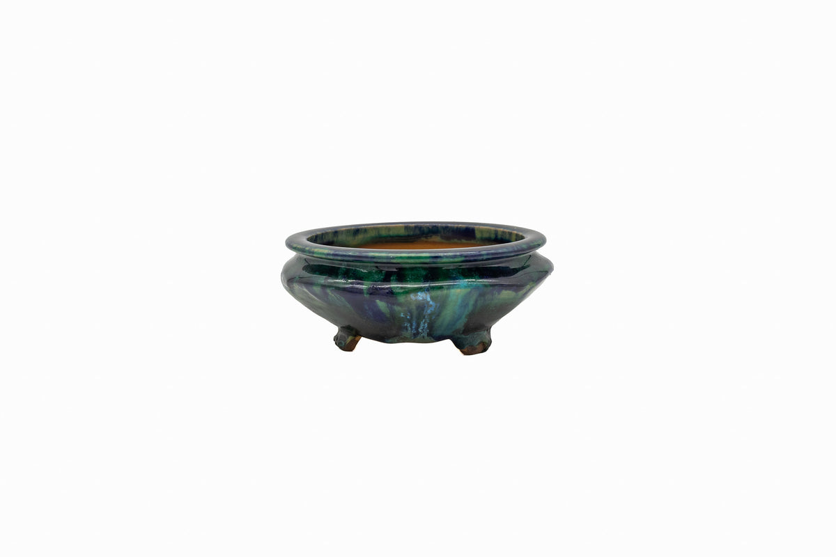 Small Oval Oribe Green Glazed Japanese Bonsai Pot #773– Bushuan Kiln, Heavy Drip Glaze, Pronged Feet, Flat Inverted Rim, Chop Mark