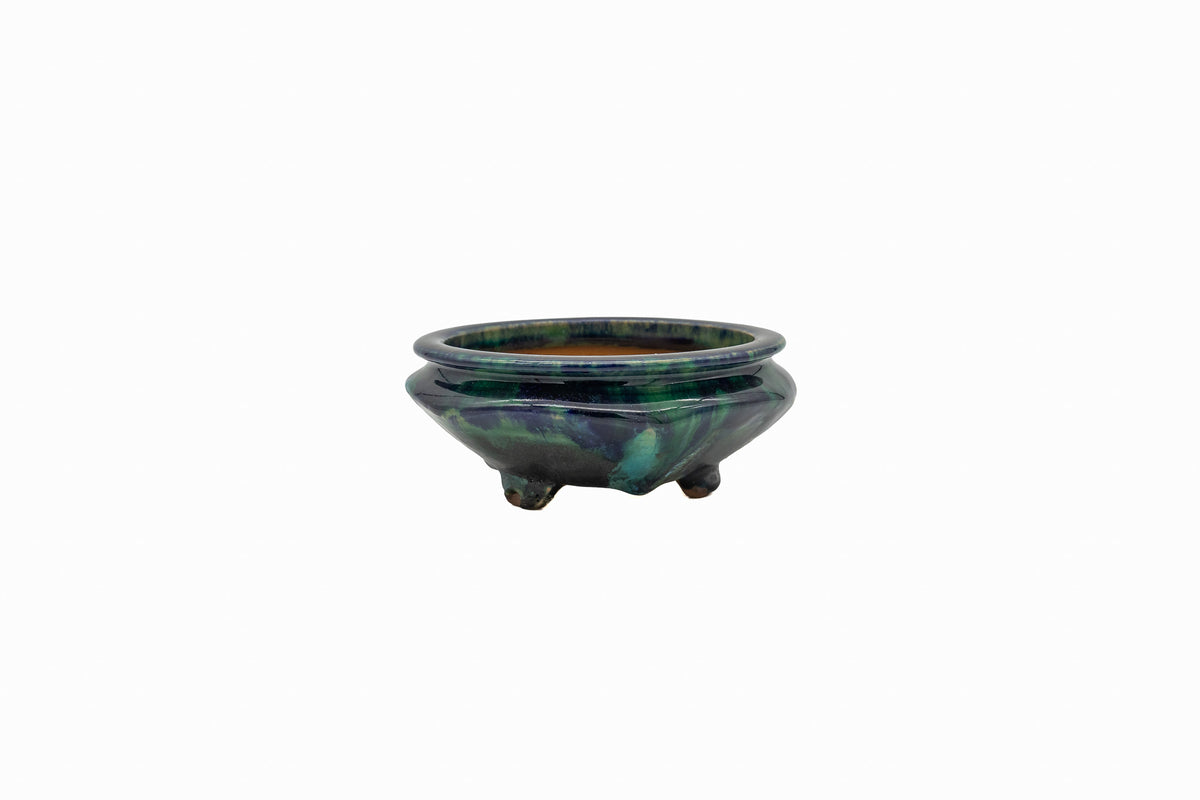 Small Oval Oribe Green Glazed Japanese Bonsai Pot #773– Bushuan Kiln, Heavy Drip Glaze, Pronged Feet, Flat Inverted Rim, Chop Mark