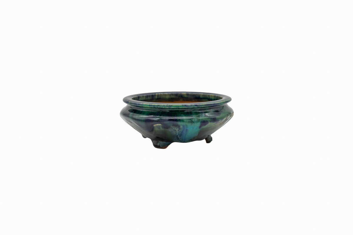 Small Oval Oribe Green Glazed Japanese Bonsai Pot #773– Bushuan Kiln, Heavy Drip Glaze, Pronged Feet, Flat Inverted Rim, Chop Mark