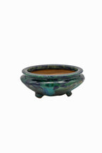 Small Oval Oribe Green Glazed Japanese Bonsai Pot #773– Bushuan Kiln, Heavy Drip Glaze, Pronged Feet, Flat Inverted Rim, Chop Mark