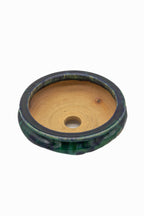 Small Oval Oribe Green Glazed Japanese Bonsai Pot #773– Bushuan Kiln, Heavy Drip Glaze, Pronged Feet, Flat Inverted Rim, Chop Mark