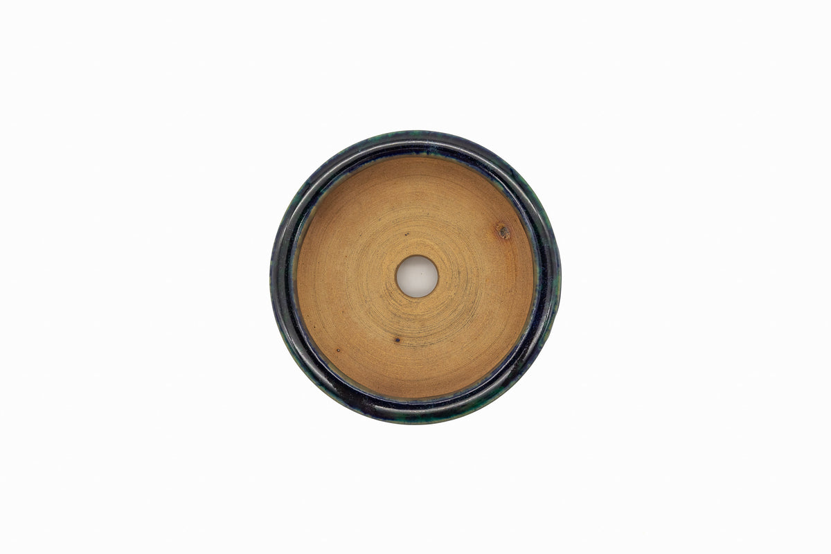Small Oval Oribe Green Glazed Japanese Bonsai Pot #773– Bushuan Kiln, Heavy Drip Glaze, Pronged Feet, Flat Inverted Rim, Chop Mark