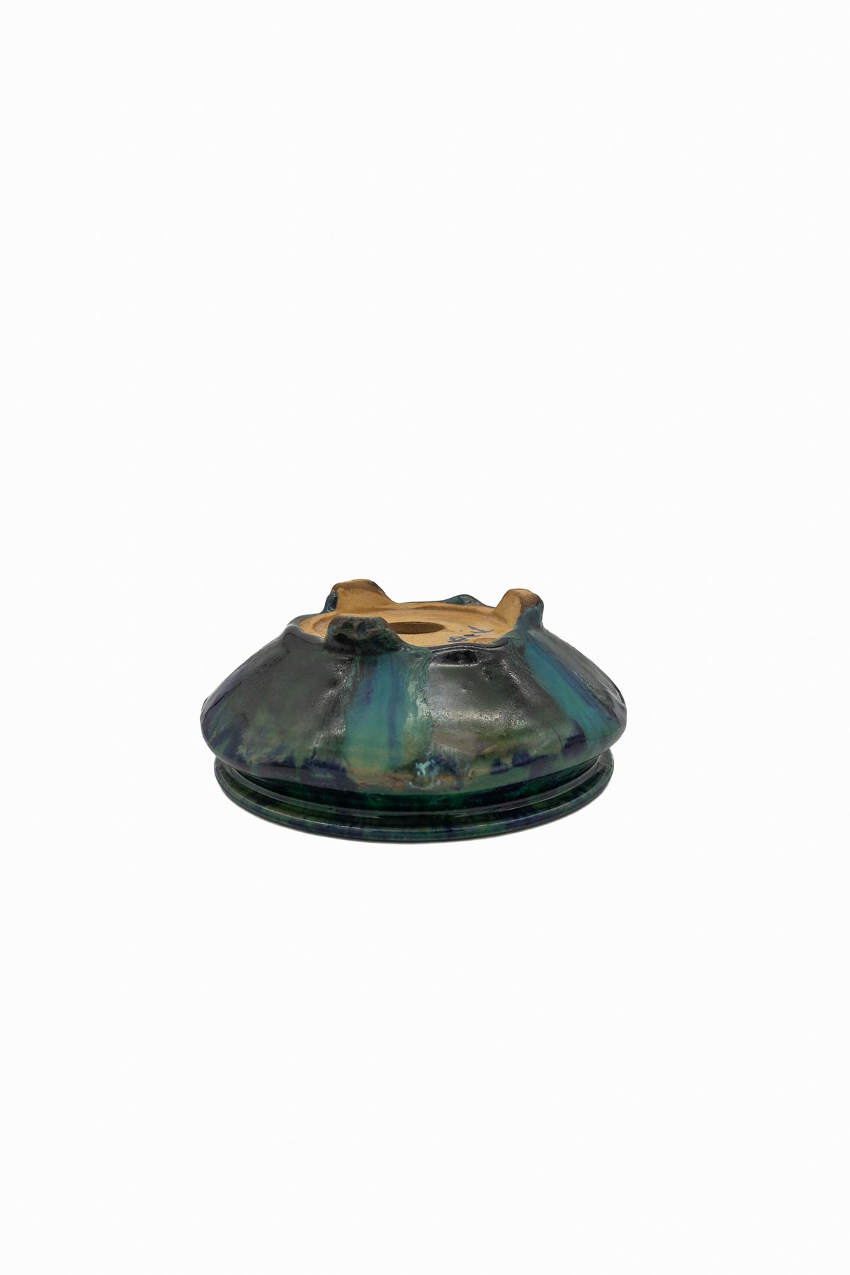 Small Oval Oribe Green Glazed Japanese Bonsai Pot #773– Bushuan Kiln, Heavy Drip Glaze, Pronged Feet, Flat Inverted Rim, Chop Mark