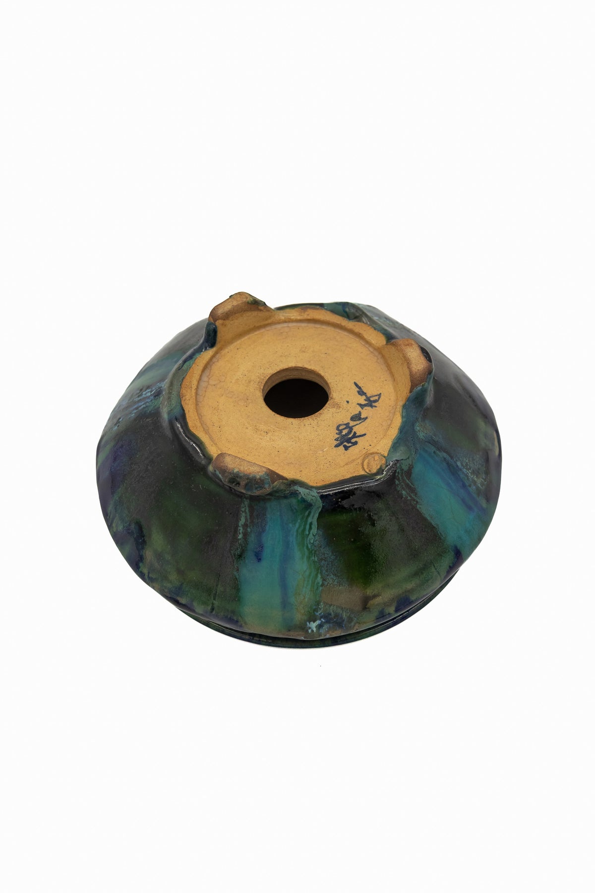 Small Oval Oribe Green Glazed Japanese Bonsai Pot #773– Bushuan Kiln, Heavy Drip Glaze, Pronged Feet, Flat Inverted Rim, Chop Mark
