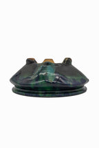 Small Oval Oribe Green Glazed Japanese Bonsai Pot #773– Bushuan Kiln, Heavy Drip Glaze, Pronged Feet, Flat Inverted Rim, Chop Mark