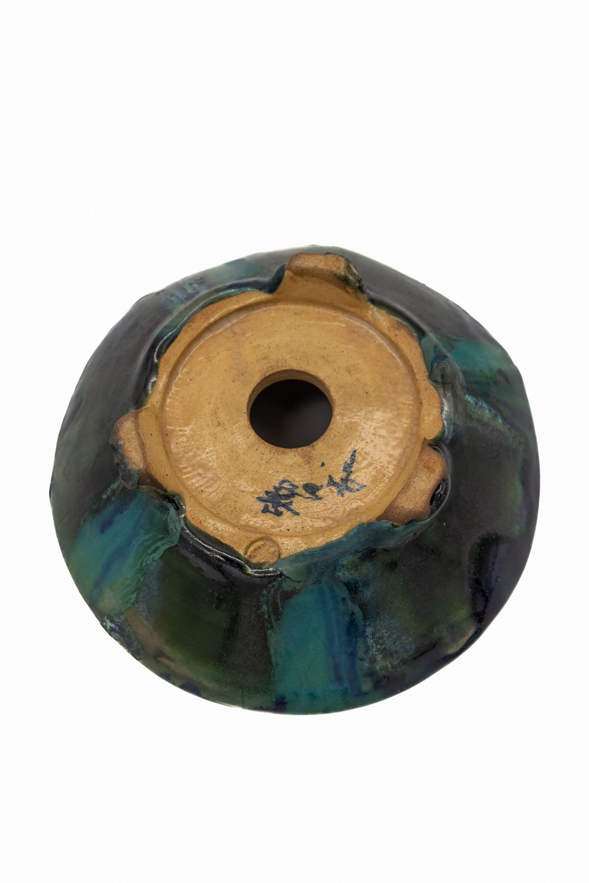 Small Oval Oribe Green Glazed Japanese Bonsai Pot #773– Bushuan Kiln, Heavy Drip Glaze, Pronged Feet, Flat Inverted Rim, Chop Mark