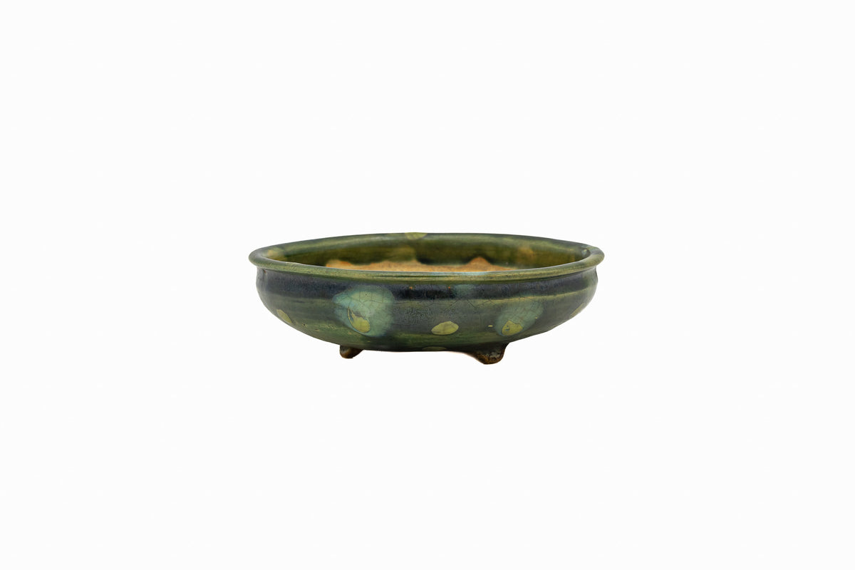 Small Round Rustic Glazed Japanese Bonsai Pot #986 – Bushuan Kiln, Hand Formed, Vintage Deep Glaze Chop
