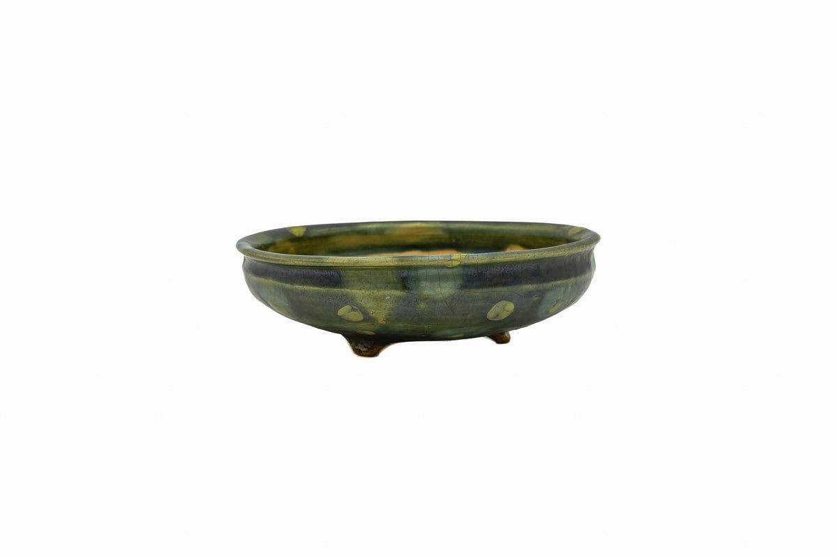 Small Round Rustic Glazed Japanese Bonsai Pot #986 – Bushuan Kiln, Hand Formed, Vintage Deep Glaze Chop