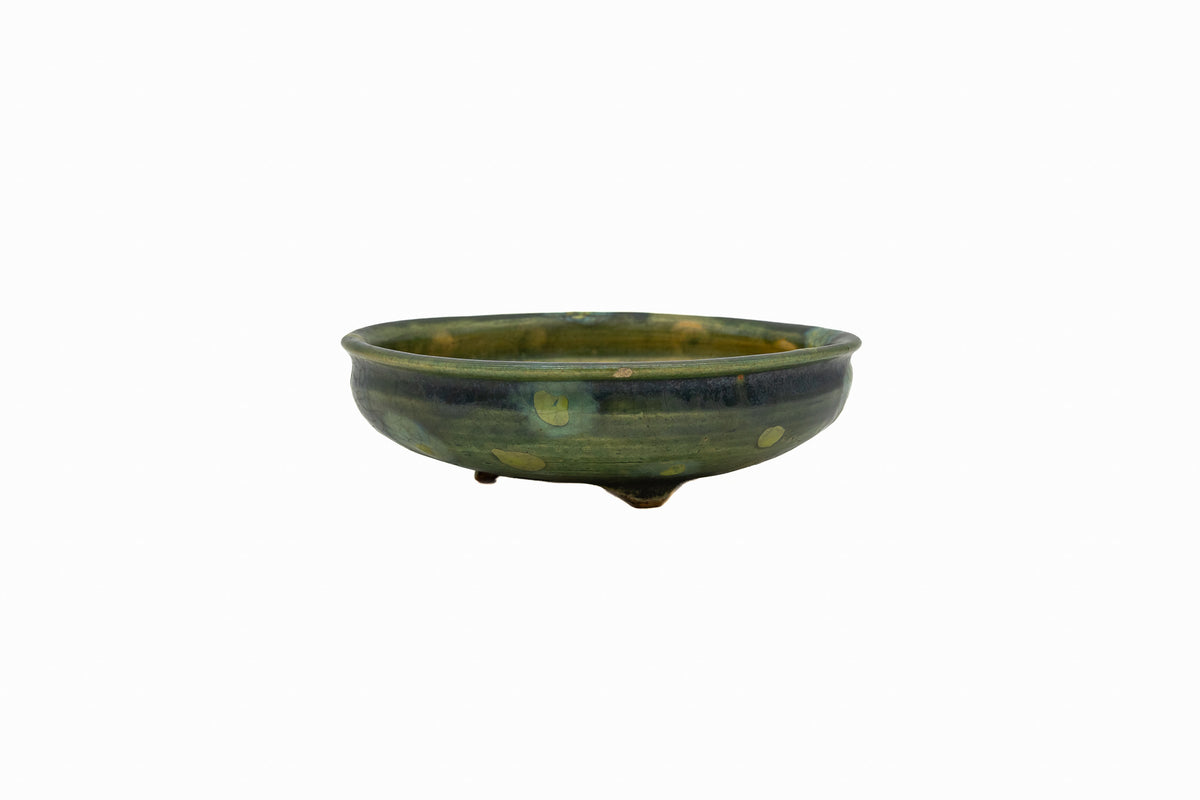 Small Round Rustic Glazed Japanese Bonsai Pot #986 – Bushuan Kiln, Hand Formed, Vintage Deep Glaze Chop