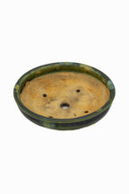 Small Round Rustic Glazed Japanese Bonsai Pot #986 – Bushuan Kiln, Hand Formed, Vintage Deep Glaze Chop