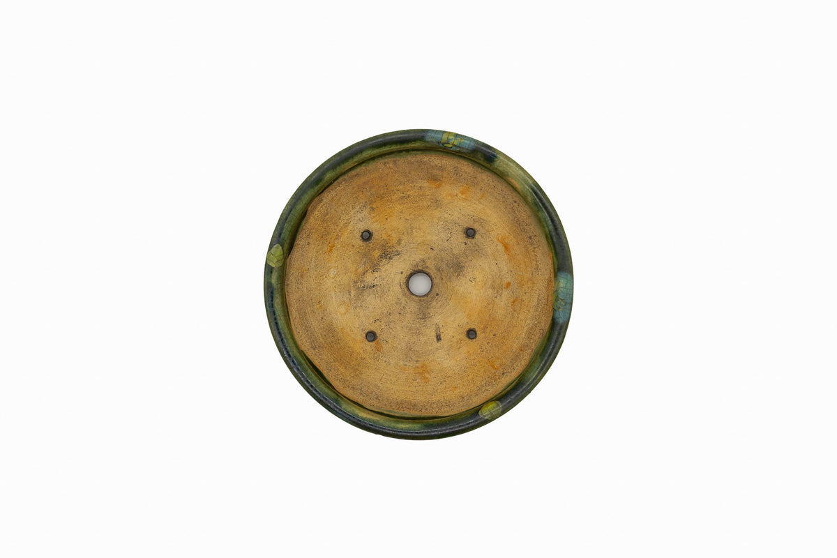 Small Round Rustic Glazed Japanese Bonsai Pot #986 – Bushuan Kiln, Hand Formed, Vintage Deep Glaze Chop