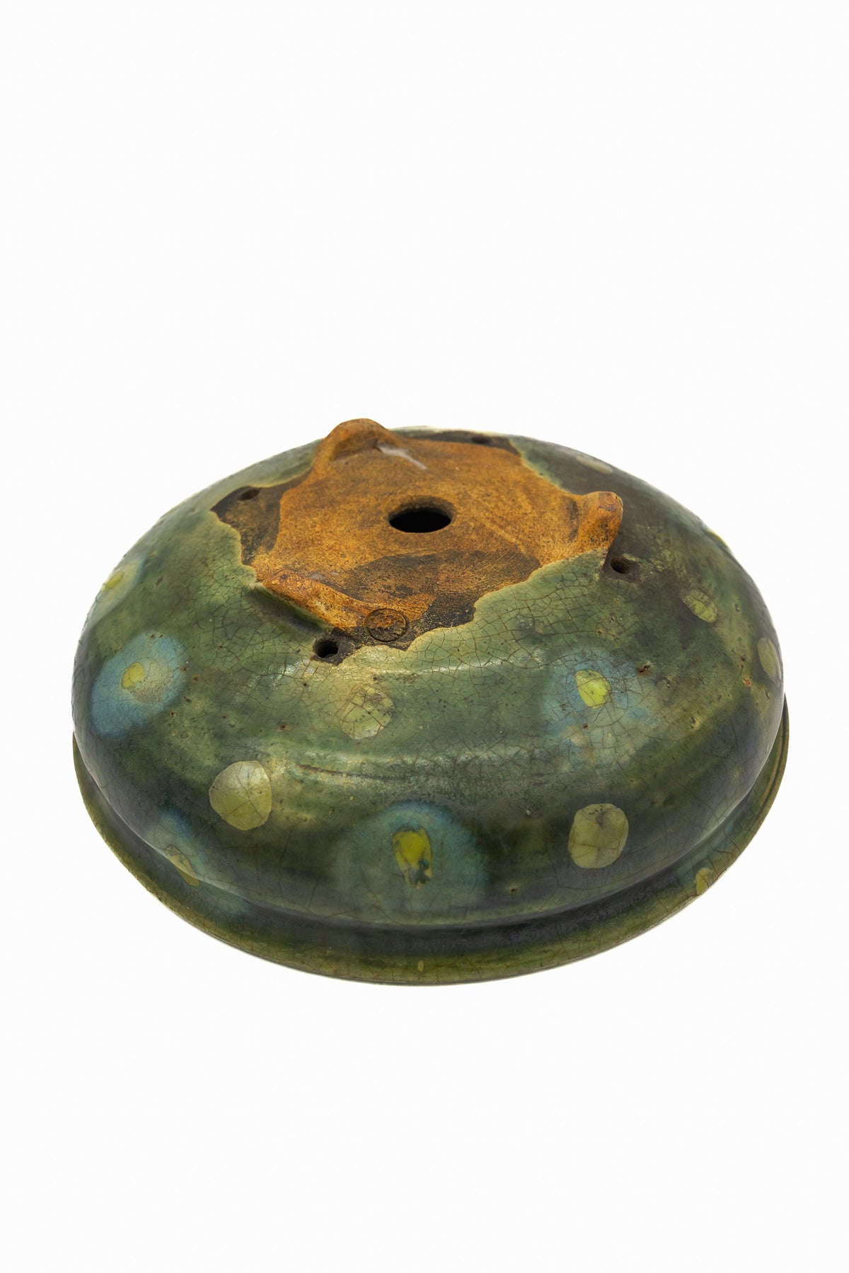Small Round Rustic Glazed Japanese Bonsai Pot #986 – Bushuan Kiln, Hand Formed, Vintage Deep Glaze Chop