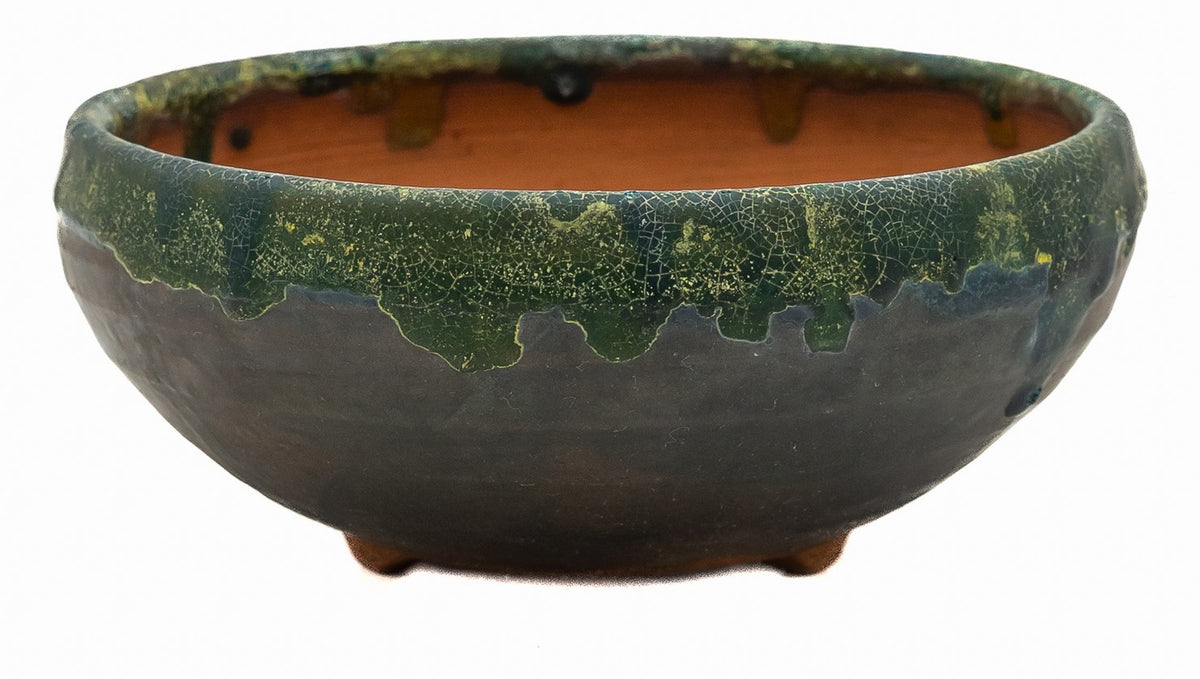 Fukushige Bushuan Vintage Round Green Drip Glaze Bonsai Pot