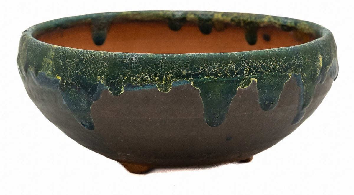 Fukushige Bushuan Vintage Round Green Drip Glaze Bonsai Pot