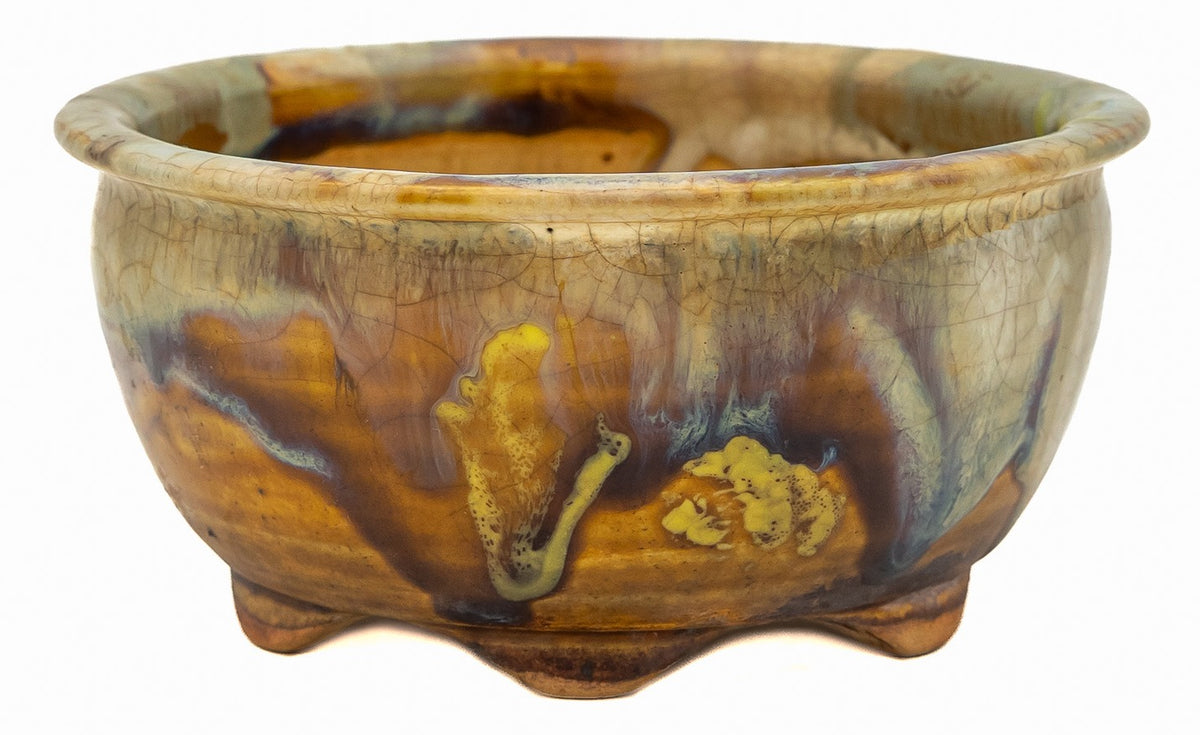 Fukushige Bushuan Green Carved Round Bonsai Pot – Signed