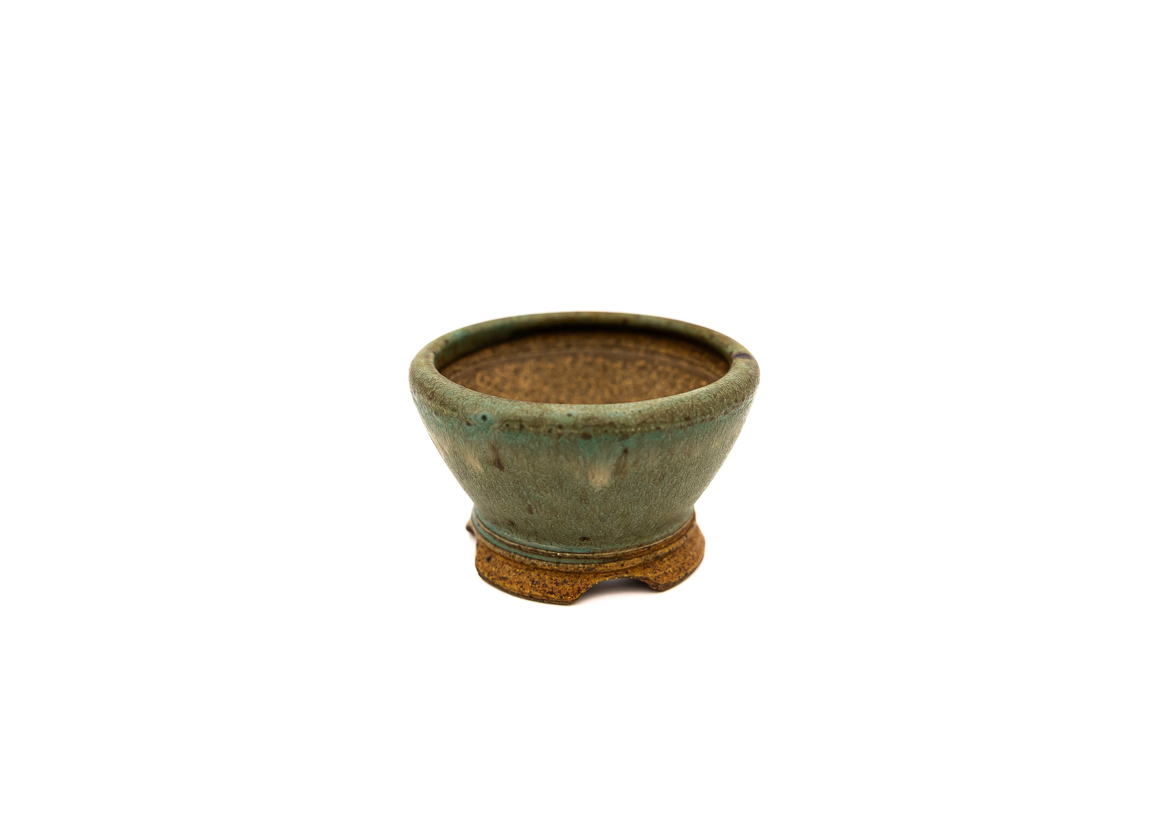 Small Round Green Glazed Sara Rayner Bonsai Pot – Hand Formed Vintage Thin Wall USA Nail Signature