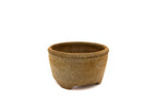 Small Round Brown Glazed Sara Rayner Bonsai Pot – Smooth Finish, Zippered Rim, Square Cut Feet, Nail Signature USA