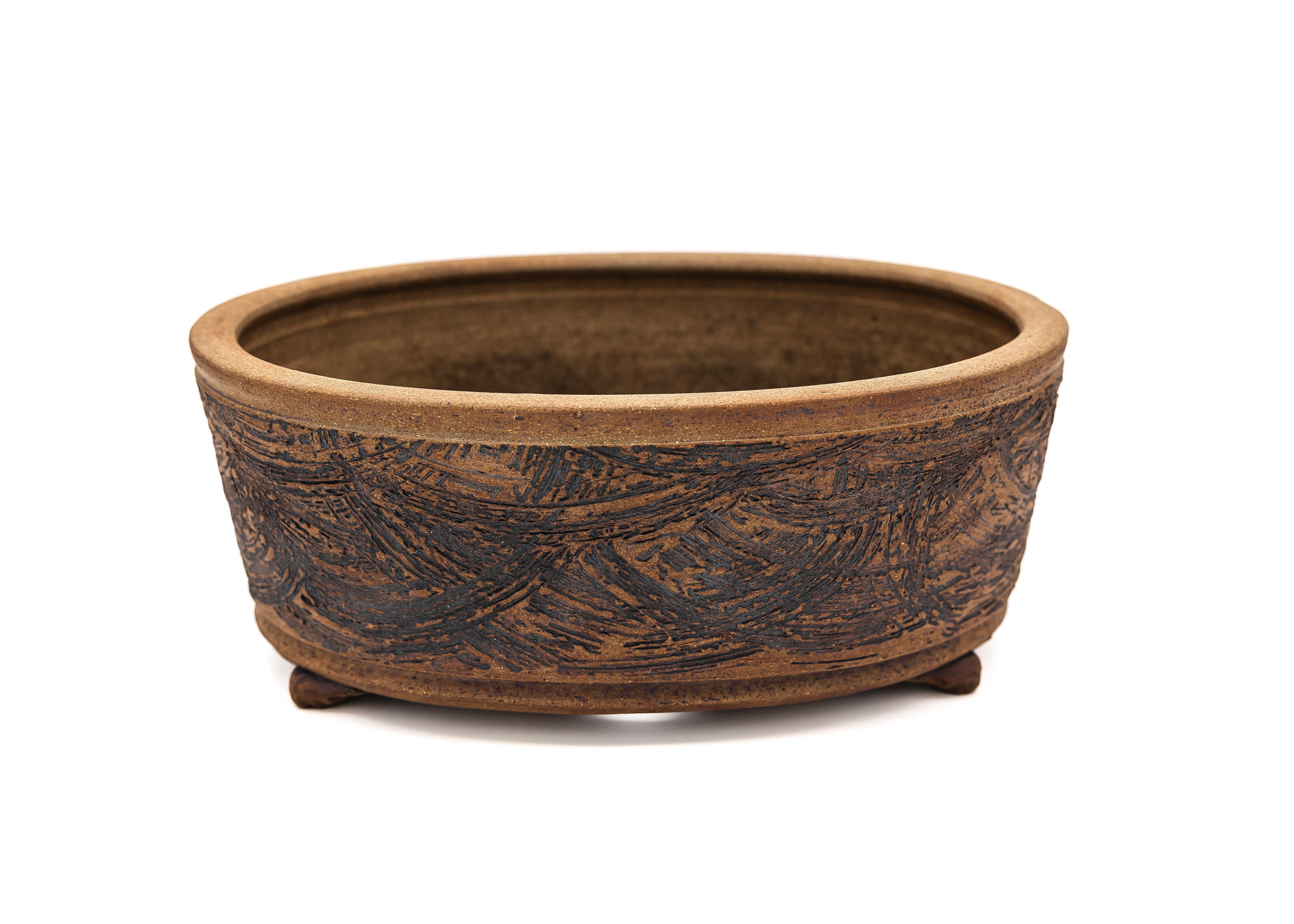 Large Oval Unglazed Sara Rayner Bonsai Pot – Nail Signature, Knob Feet, Crisp Lines, USA