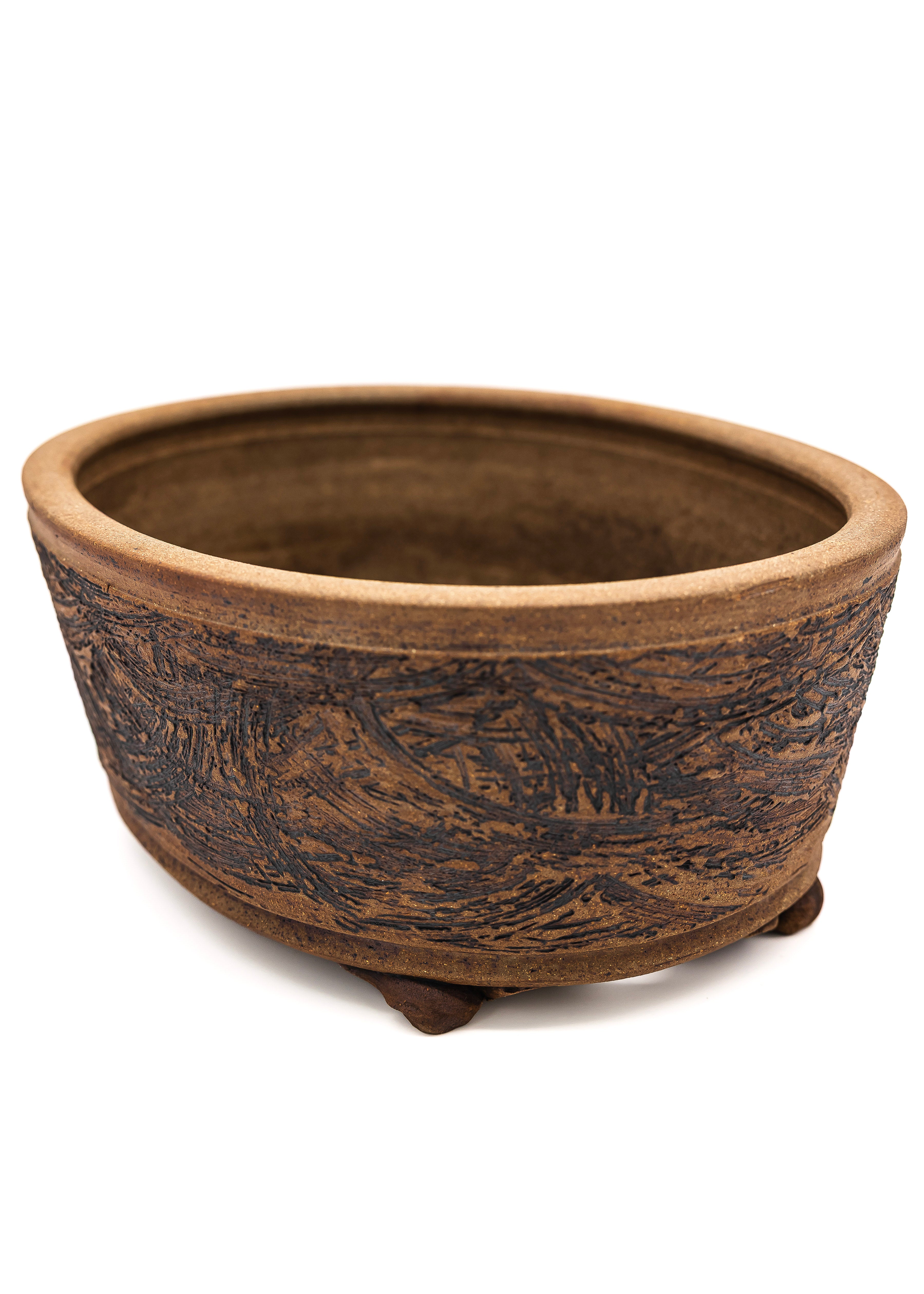 Large Oval Unglazed Sara Rayner Bonsai Pot – Nail Signature, Knob Feet, Crisp Lines, USA