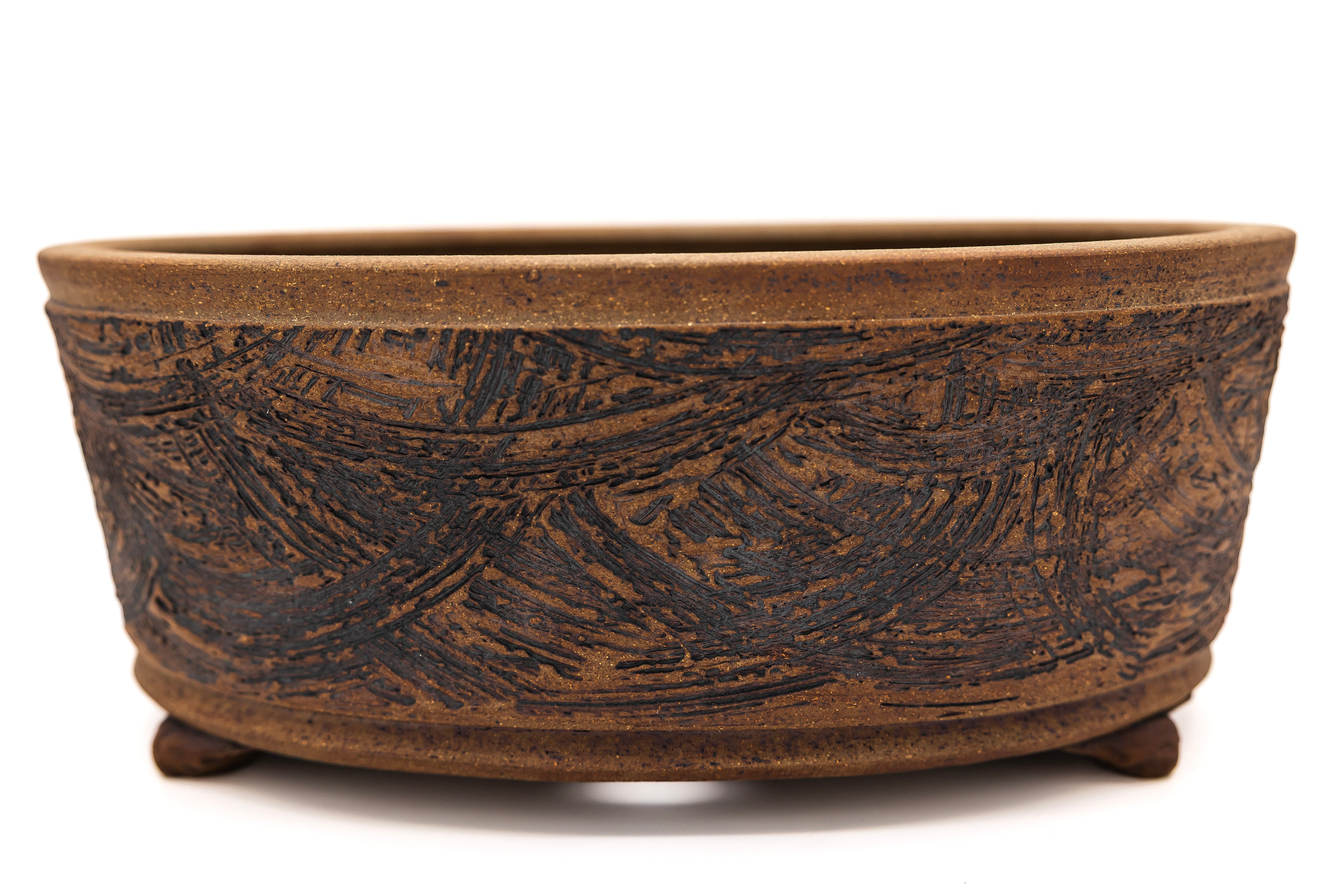 Large Oval Unglazed Sara Rayner Bonsai Pot – Nail Signature, Knob Feet, Crisp Lines, USA