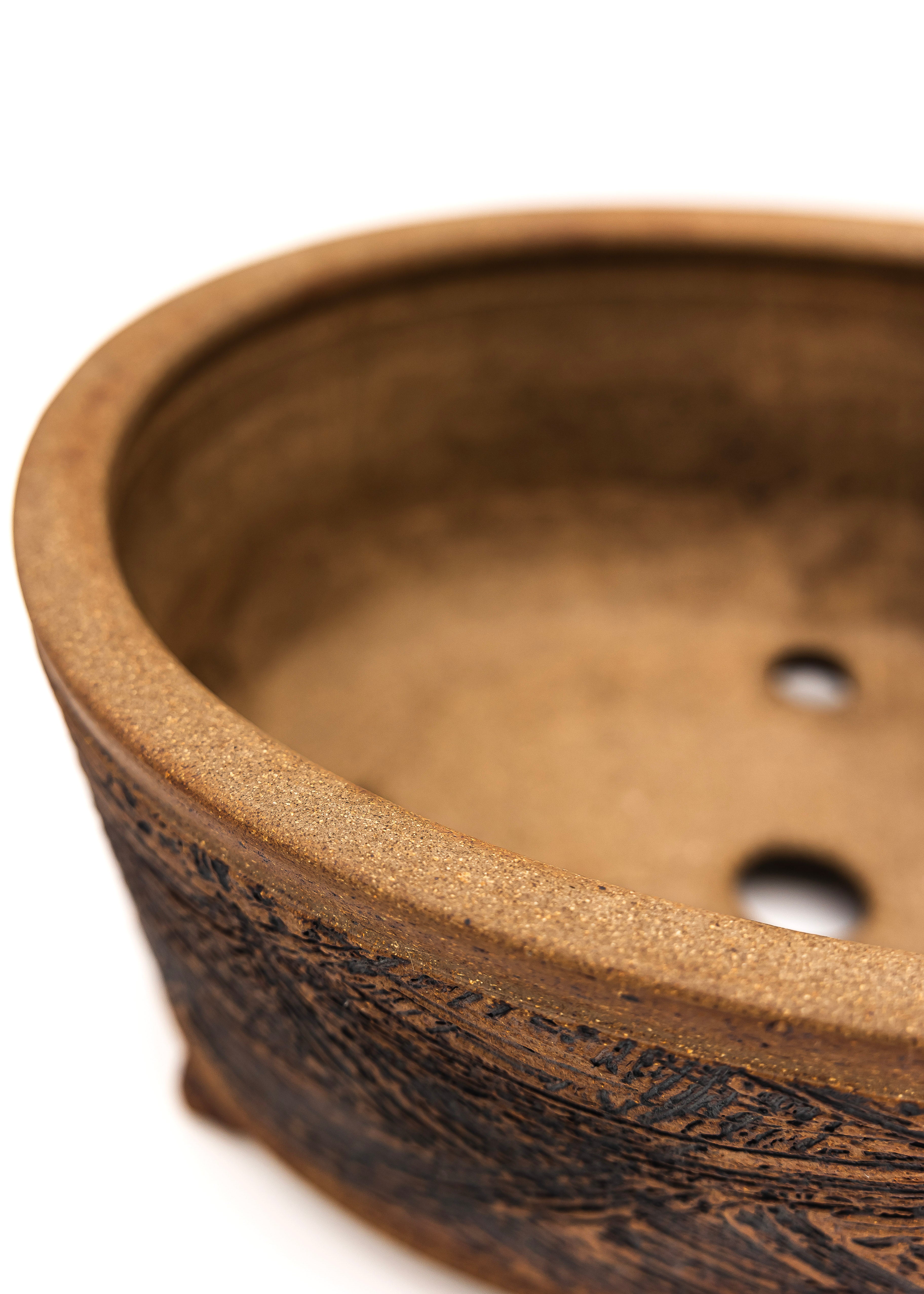 Large Oval Unglazed Sara Rayner Bonsai Pot – Nail Signature, Knob Feet, Crisp Lines, USA