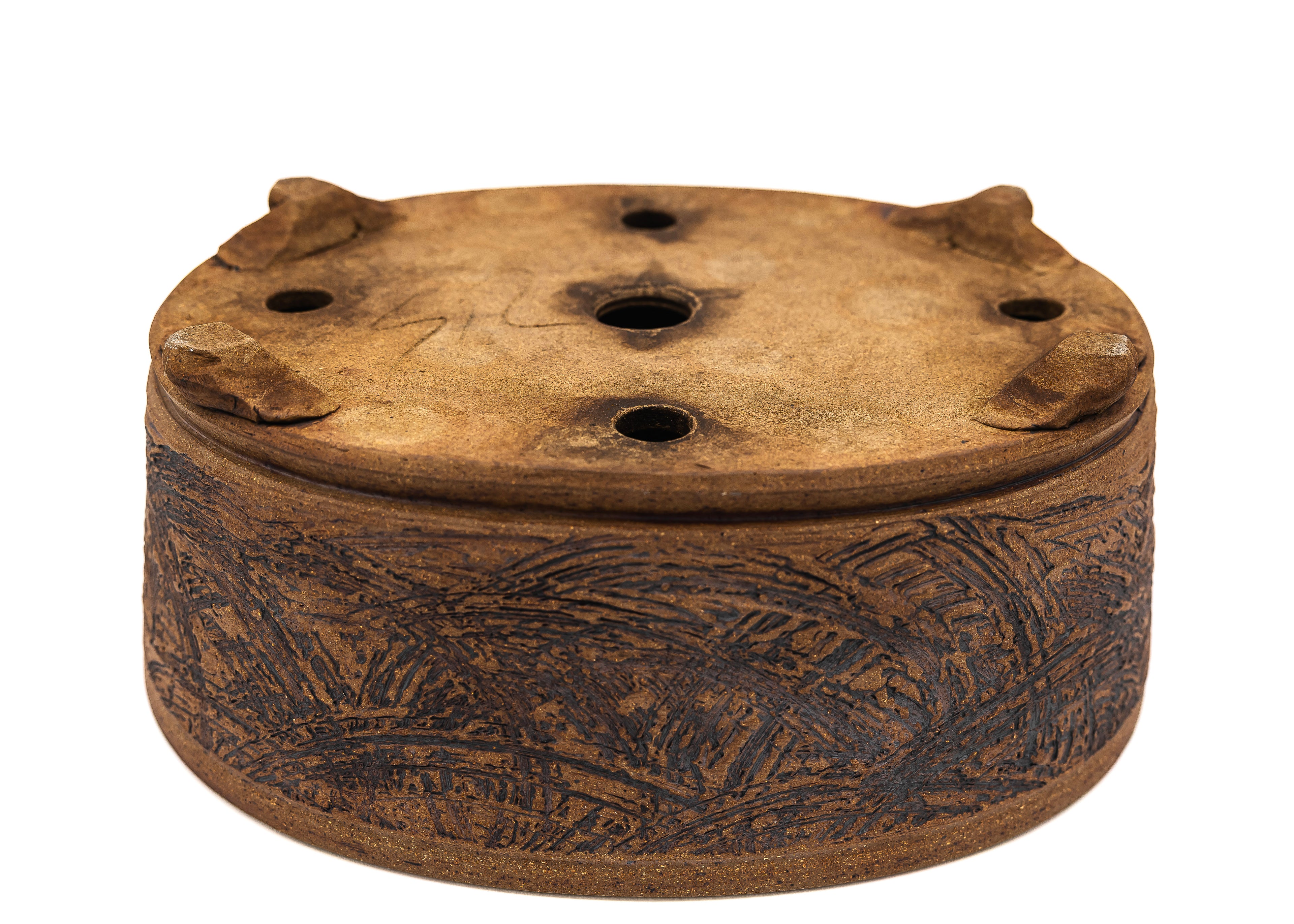 Large Oval Unglazed Sara Rayner Bonsai Pot – Nail Signature, Knob Feet, Crisp Lines, USA