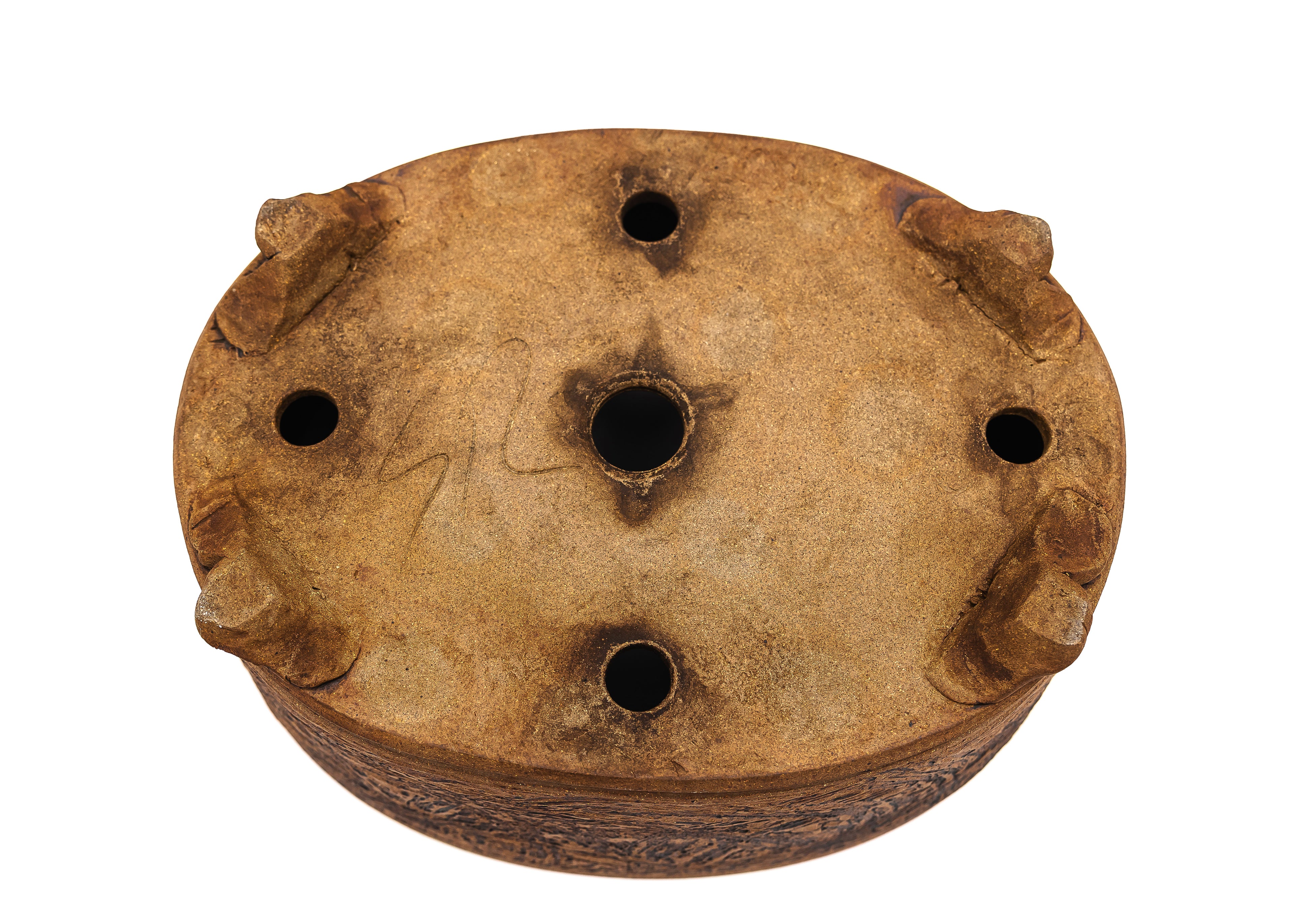 Large Oval Unglazed Sara Rayner Bonsai Pot – Nail Signature, Knob Feet, Crisp Lines, USA
