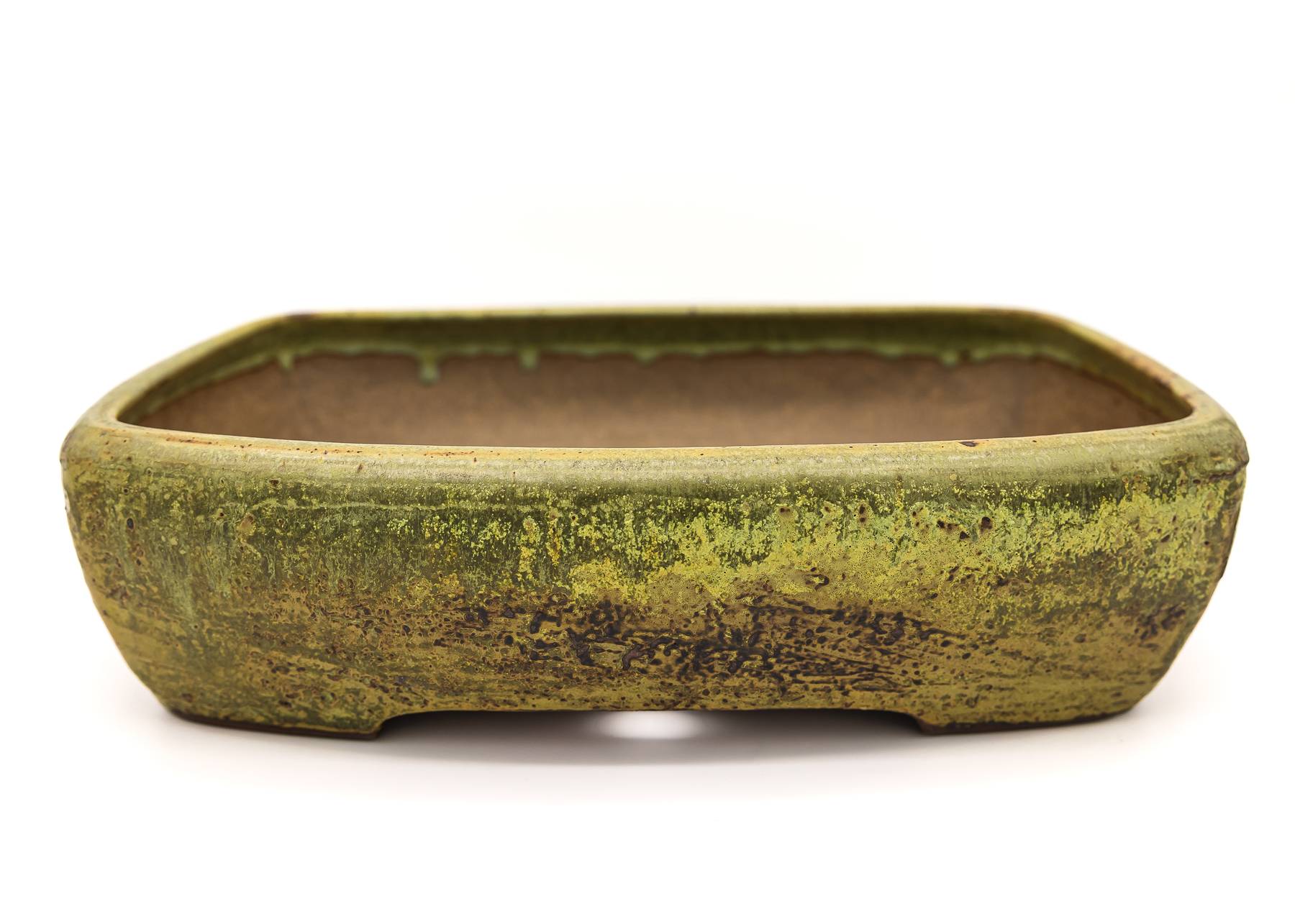 Large Rectangular Yellow Glazed Sara Rayner Bonsai Pot – Flat Inverted Rim, Round Corners, Nail Signature USA