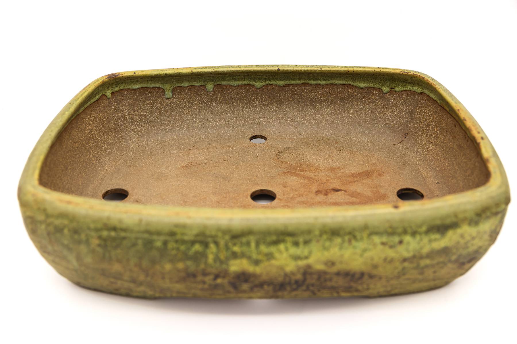 Large Rectangular Yellow Glazed Sara Rayner Bonsai Pot – Flat Inverted Rim, Round Corners, Nail Signature USA