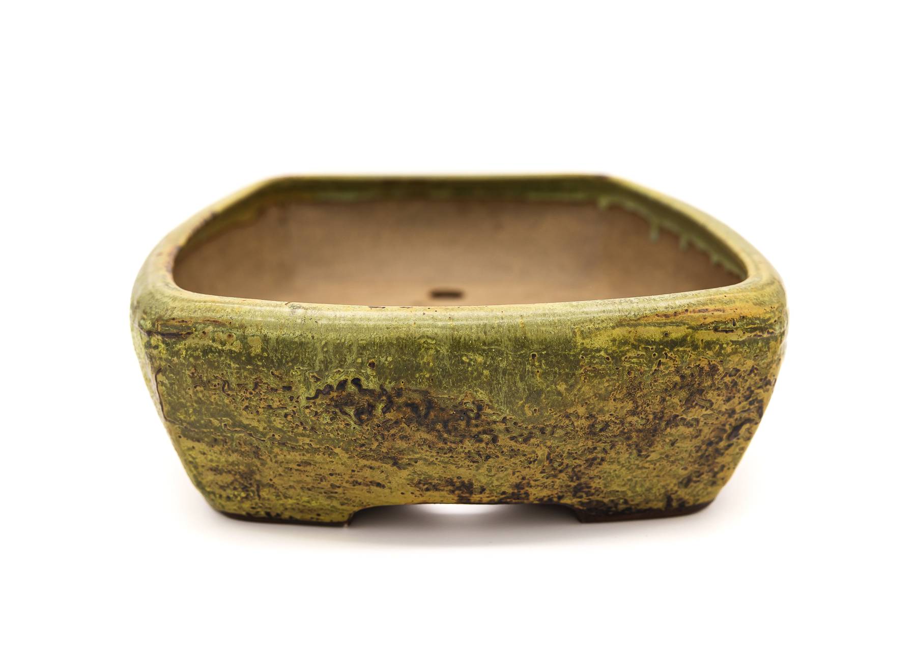 Large Rectangular Yellow Glazed Sara Rayner Bonsai Pot – Flat Inverted Rim, Round Corners, Nail Signature USA