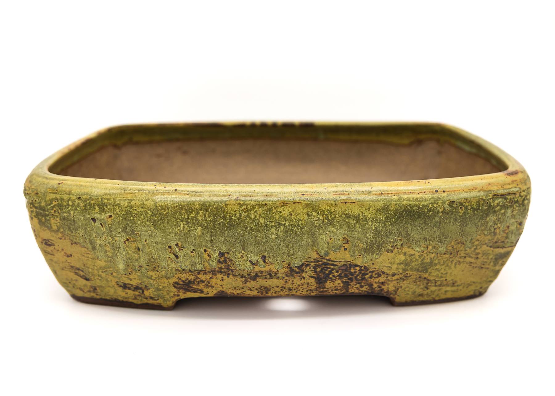 Large Rectangular Yellow Glazed Sara Rayner Bonsai Pot – Flat Inverted Rim, Round Corners, Nail Signature USA