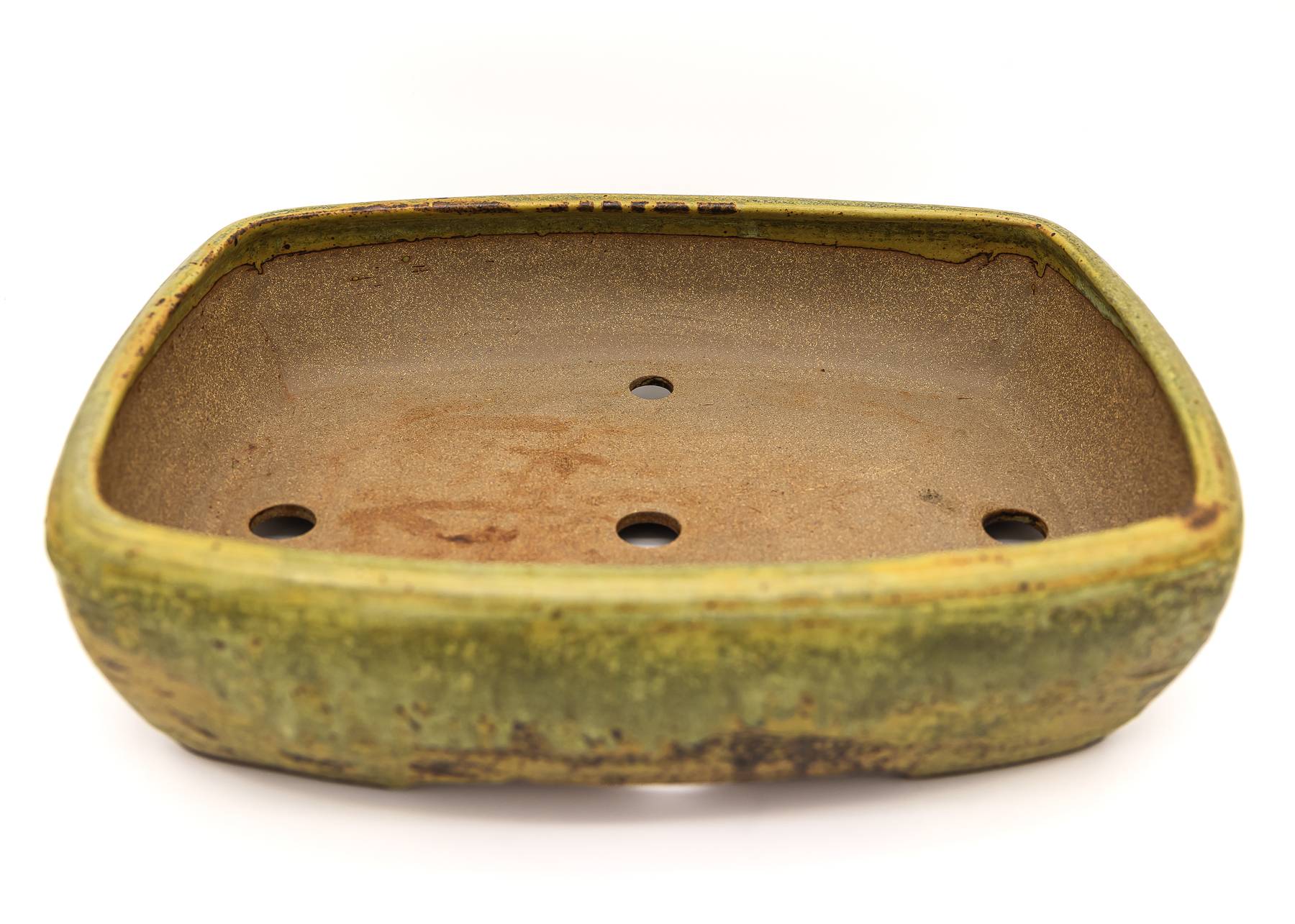 Large Rectangular Yellow Glazed Sara Rayner Bonsai Pot – Flat Inverted Rim, Round Corners, Nail Signature USA