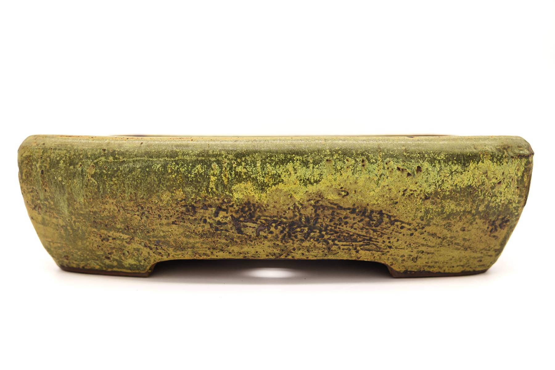 Large Rectangular Yellow Glazed Sara Rayner Bonsai Pot – Flat Inverted Rim, Round Corners, Nail Signature USA