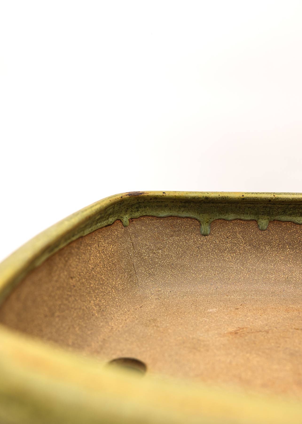 Large Rectangular Yellow Glazed Sara Rayner Bonsai Pot – Flat Inverted Rim, Round Corners, Nail Signature USA