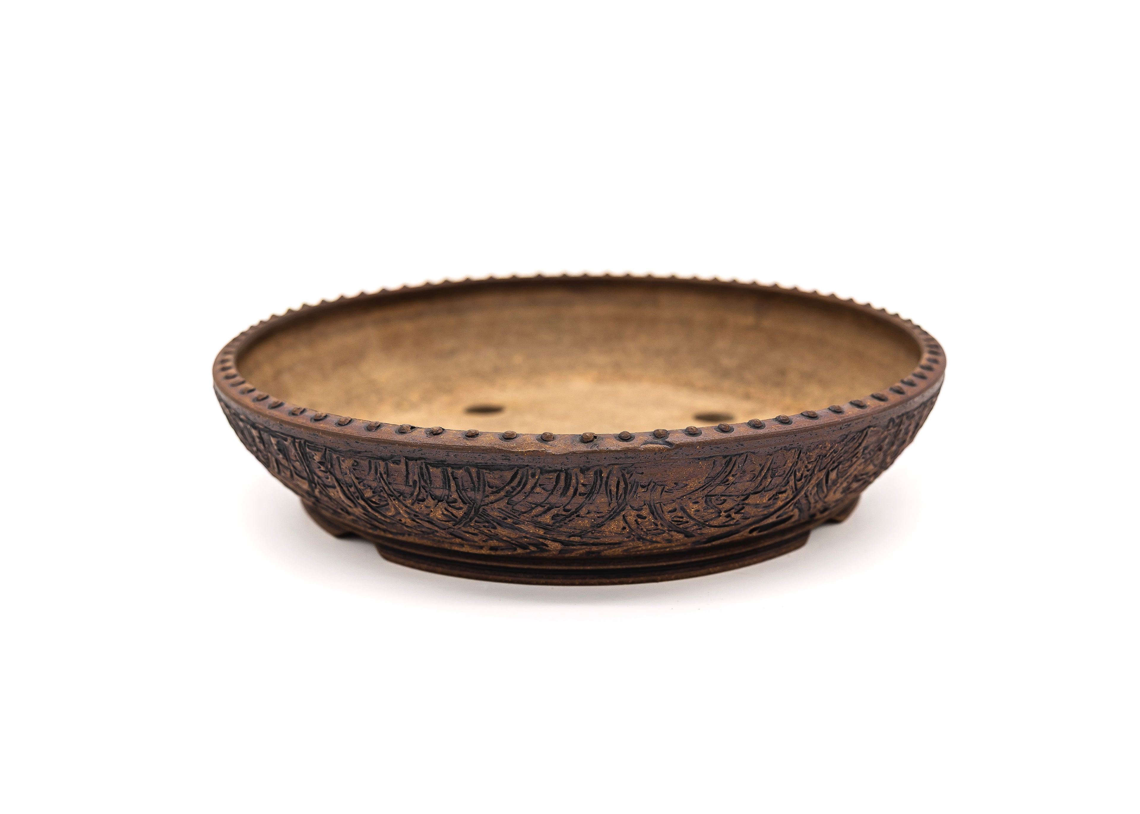 Large Round Unglazed Sara Rayner Bonsai Pot – USA Nail Signature, Rare Sharp Lines
